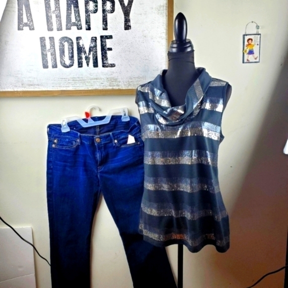 Laura Ashley Sequins Beaded Gray Silver Shell Top Size L - Picture 4 of 11